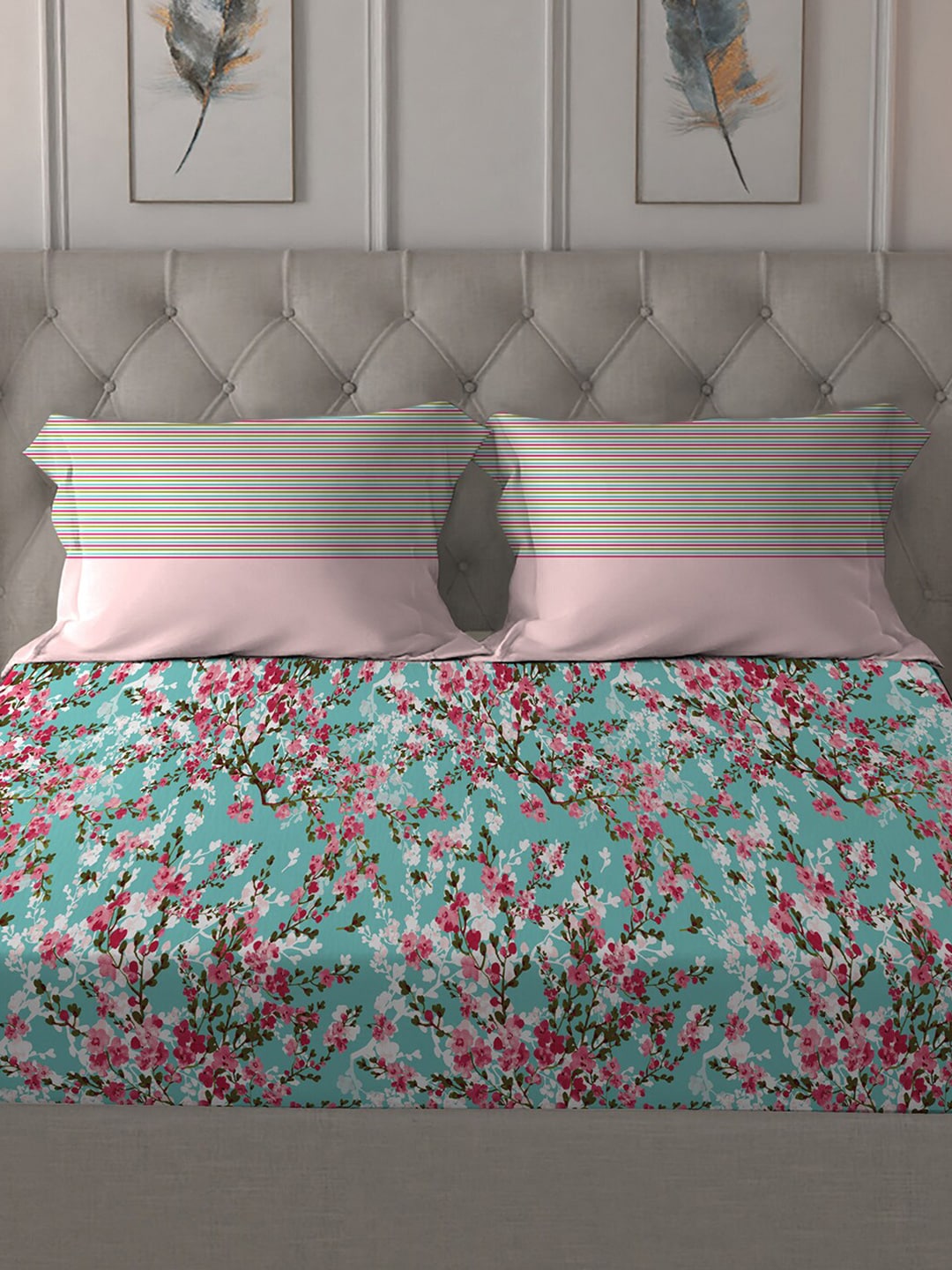 MYTRIDENT Turquoise Blue Pink Floral Pure Cotton 144 TC Queen Bedsheet 2 Pillow Covers 