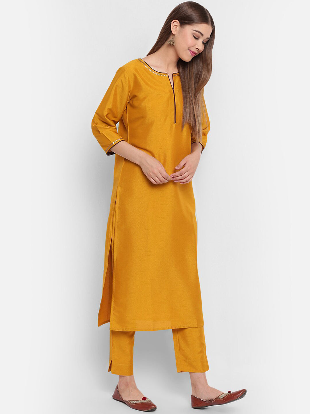Janasya Women Mustard Yellow & Brown Solid Kurta with Trousers & Dupatta