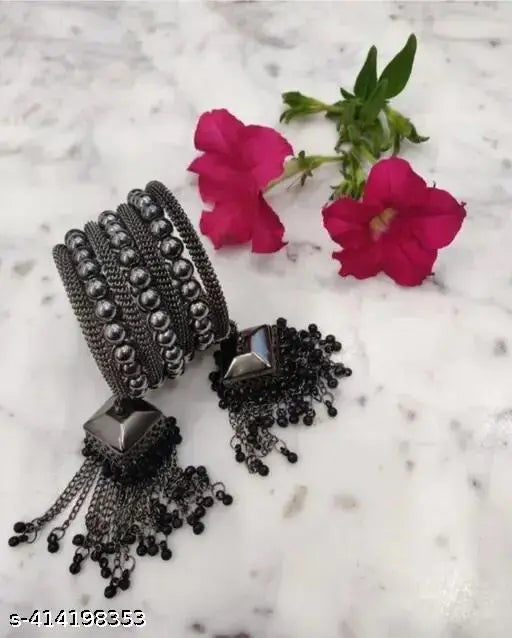 Tehzeeb Creations Women's Black Oxidised Spiral Bangle With Jhumki Style | Grab2Buy
