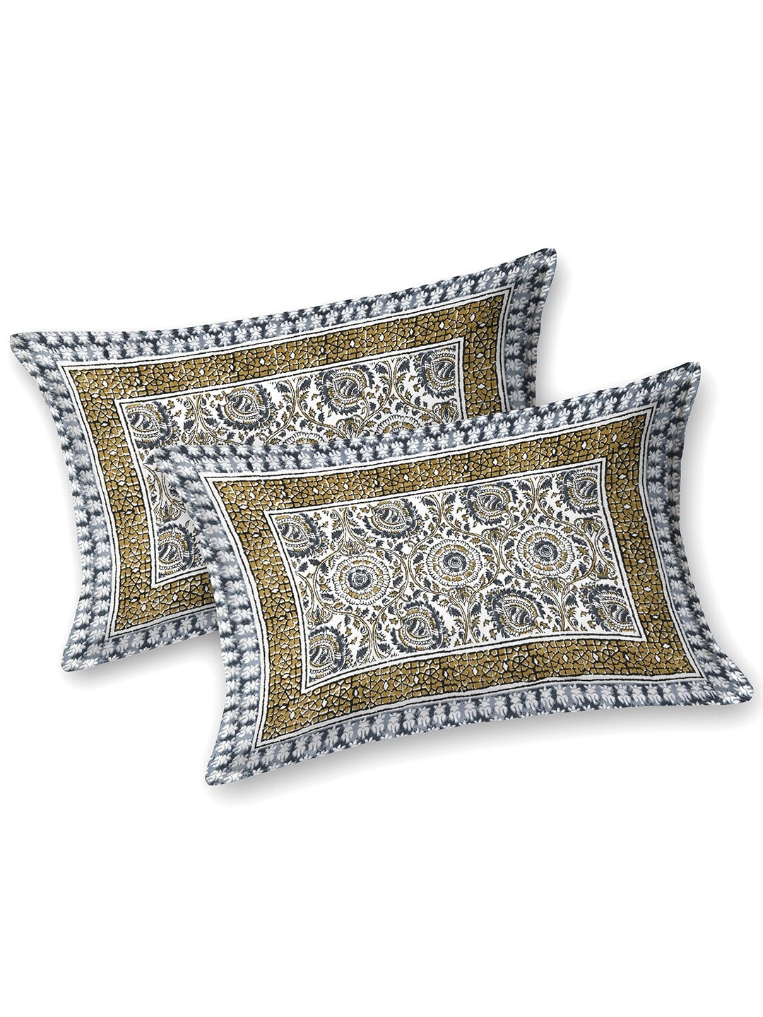BELLA CASA Ethic White & Blue Printed Cotton 180 TC King Bedsheet with 2 Pillow Covers 