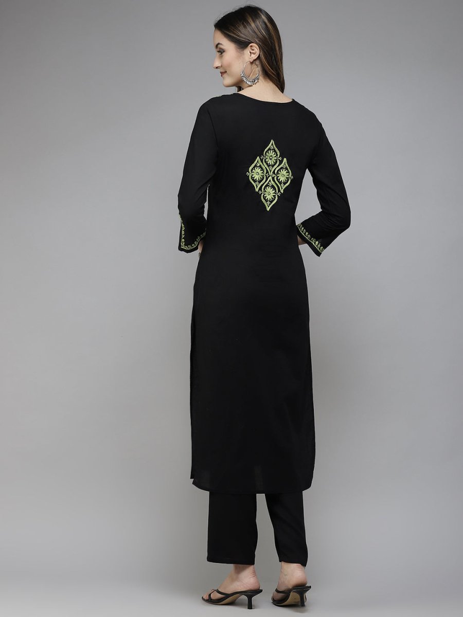 ADA Women Black & Green Ethnic Motifs Embroidered Chikankari Handloom Handloom Kurta 