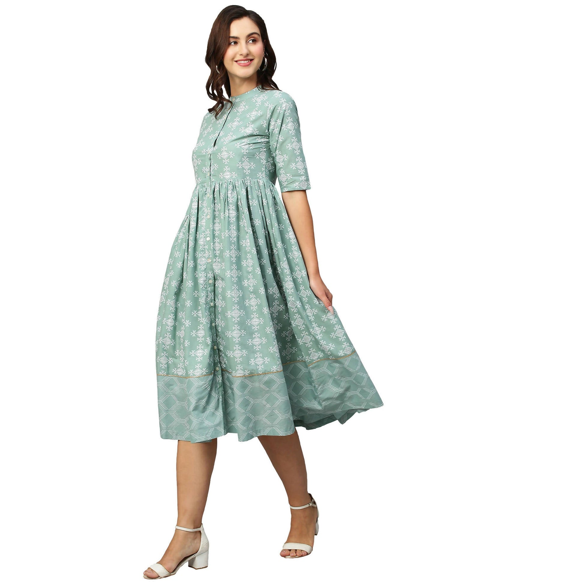 Green & Off-White Ethnic Motifs Printed Cotton A-Line Dress - Poonam