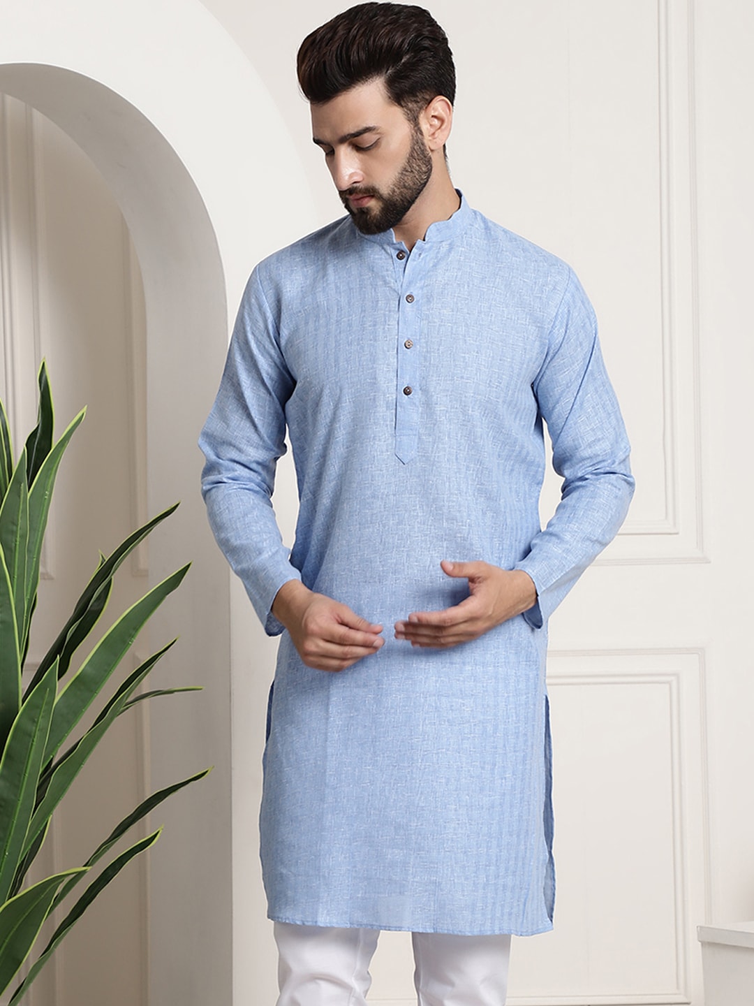 Sojanya Men Blue Dobby Self-Checked Straight Kurta 