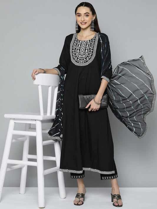 HERE&NOW Women Black Ethnic Motifs Embroidered Kurta with Trousers & With Dupatta