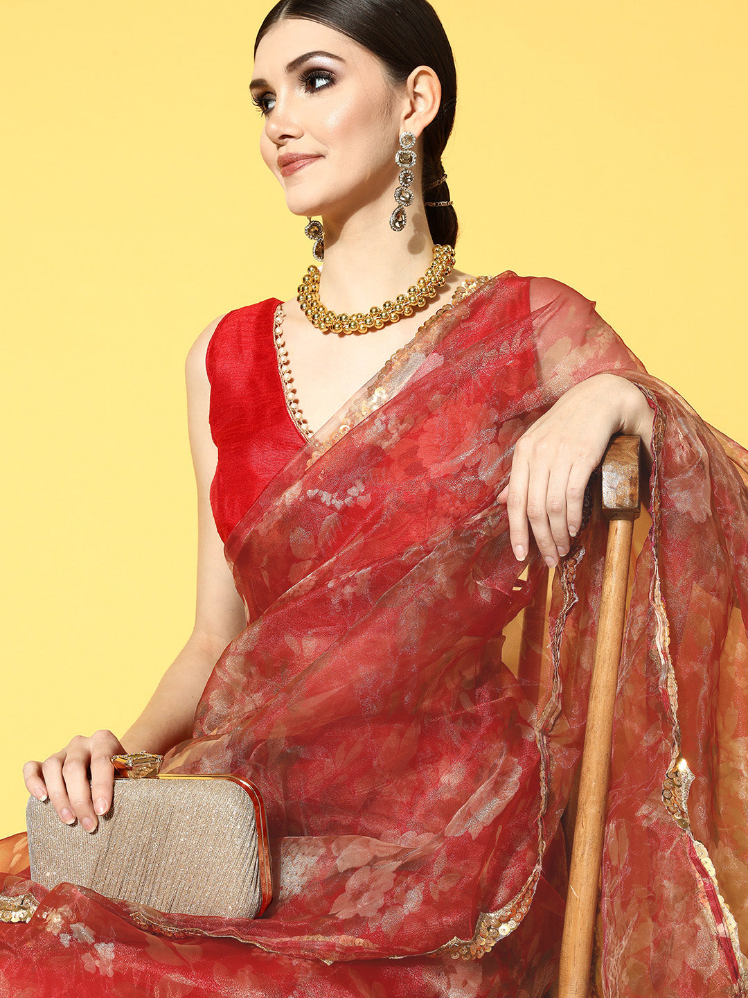 Tikhi Imli Red Floral Sequinned Organza Grab2Buy 