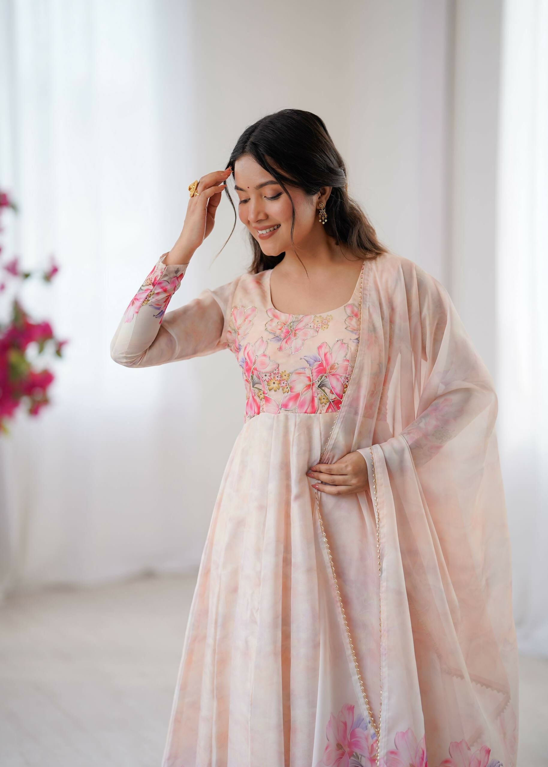 Teeya Creation Womens New Organza Soft Taby Silk Heavy Quality Fabric With Digital Print Baby-Pink Gown Set
