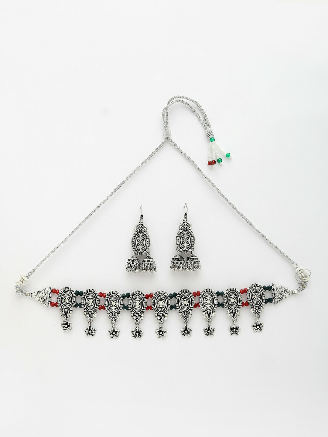 NVR Women's Silver-Plated Choke Oxidized Necklace with Jhumka Earrings - Grab2buy