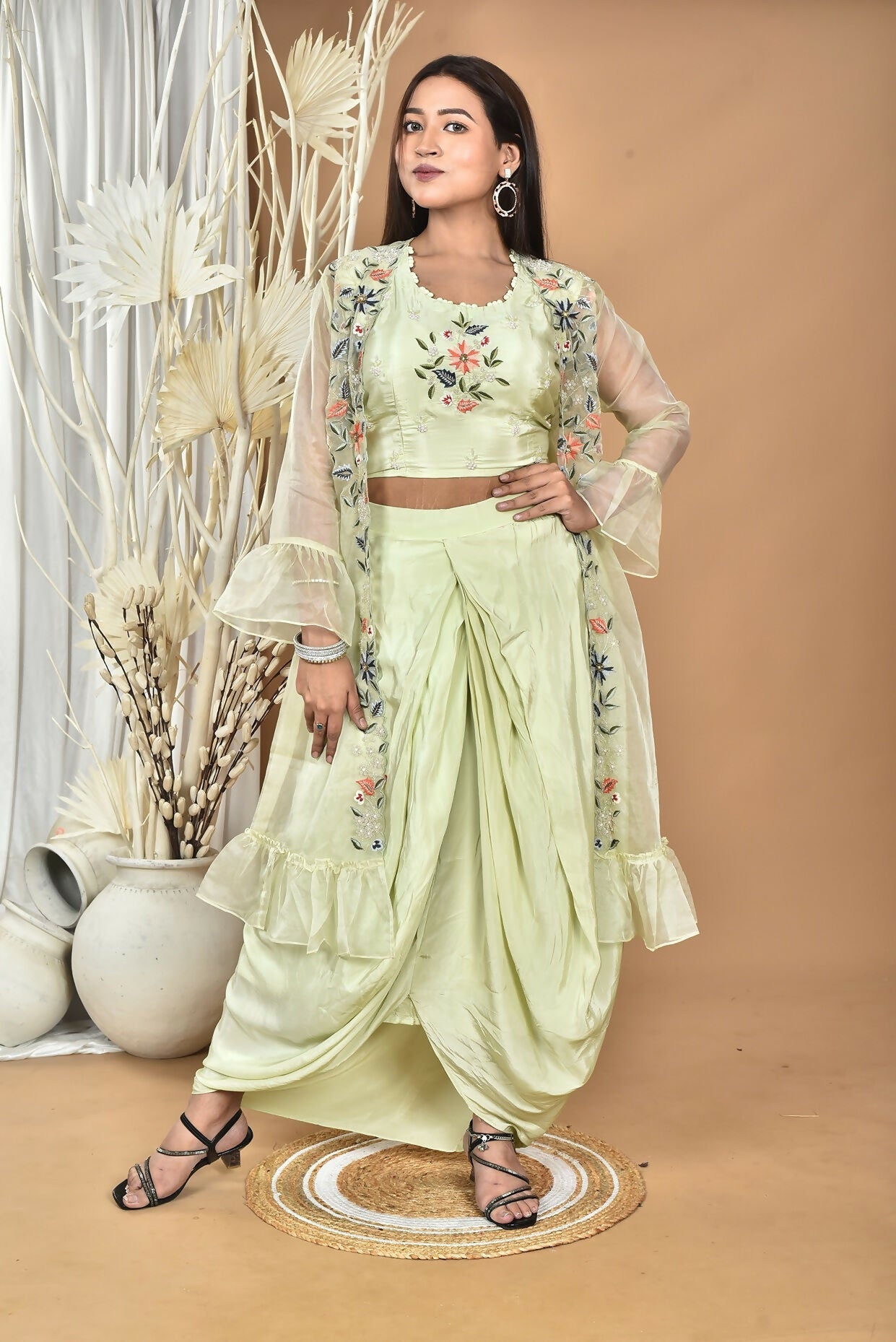 Morchari Women Hand Embroidery Crop Top-Light Green 