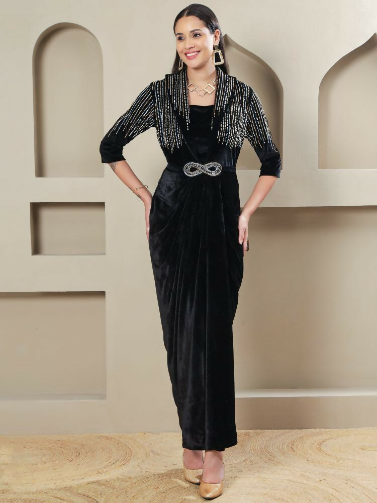 Joban Fashion Women Black Velvet Hand Embellishment Stitched Dress