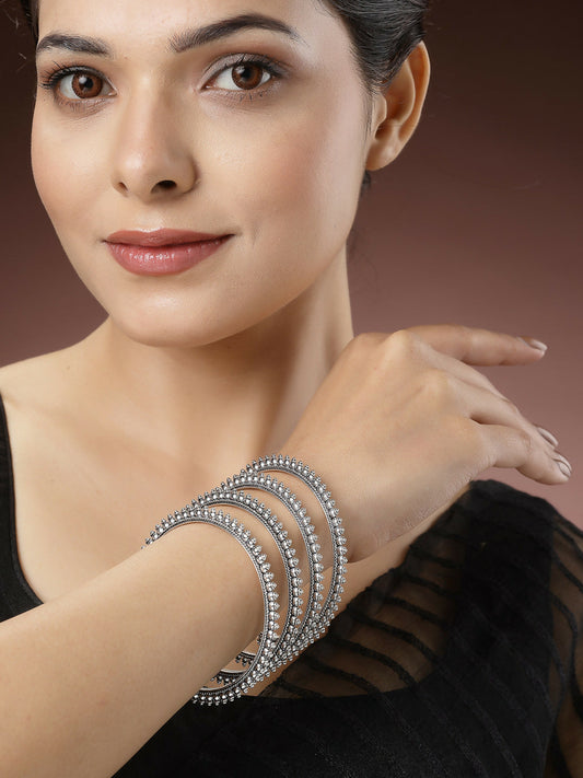 NVR Women's Set of 4 Silver-Toned German Silver Oxidised Bangles | Grab2Buy