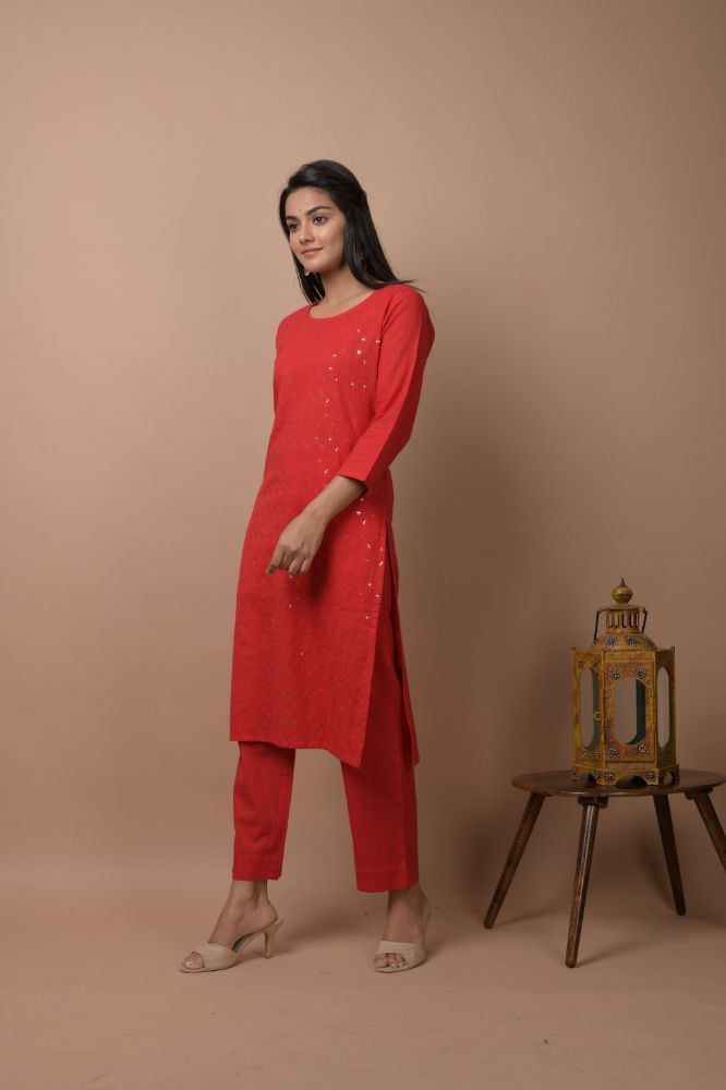Kaajh Women's Red Solid Sequins Embellished Kurta Pant Set