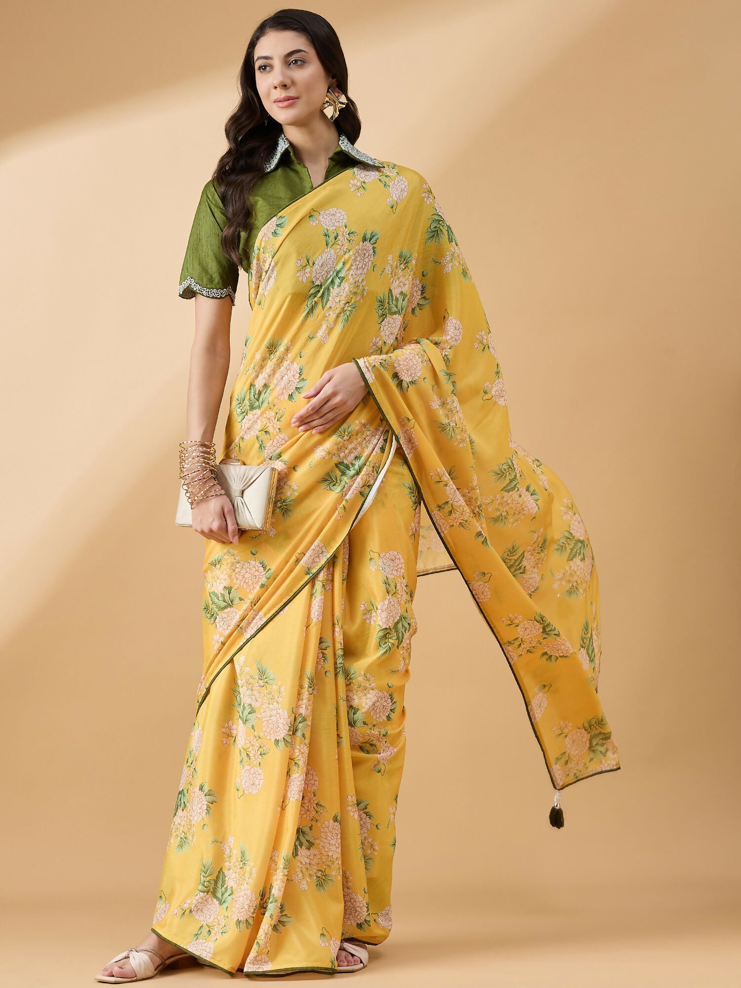 Mustard Chiffon Floral Printed Saree with Stitched Blouse - Dharavi