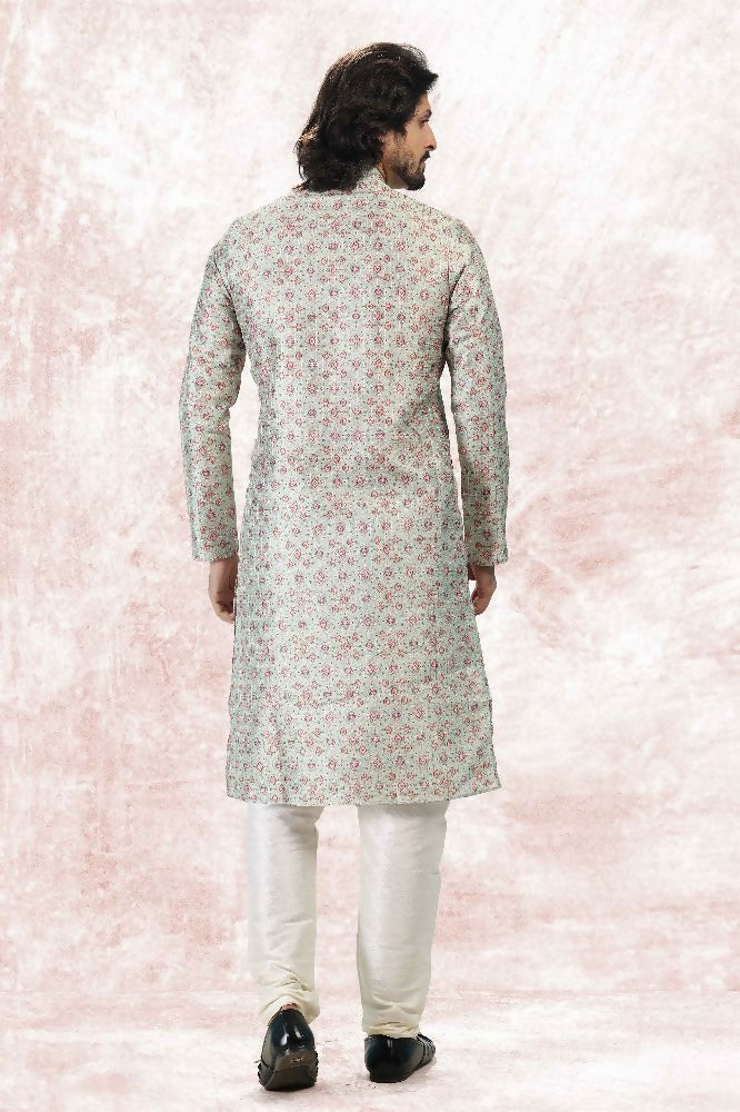 Raivat Ethnic Jacquard Banarasi Silk Digital Print Kurta Pajama In Pista Green Colour
