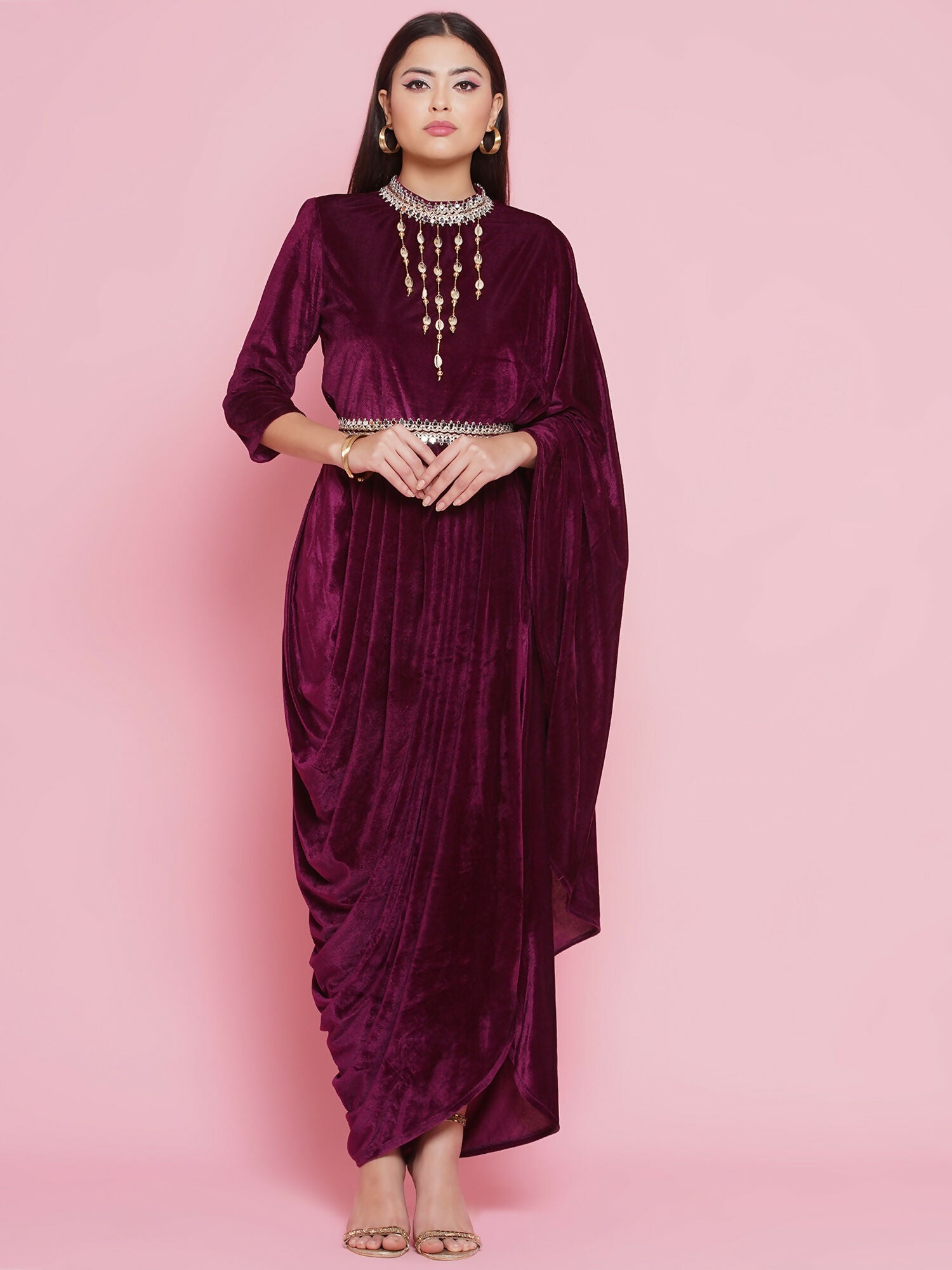 Joban Fashion Wine Drape Kurta and Pant