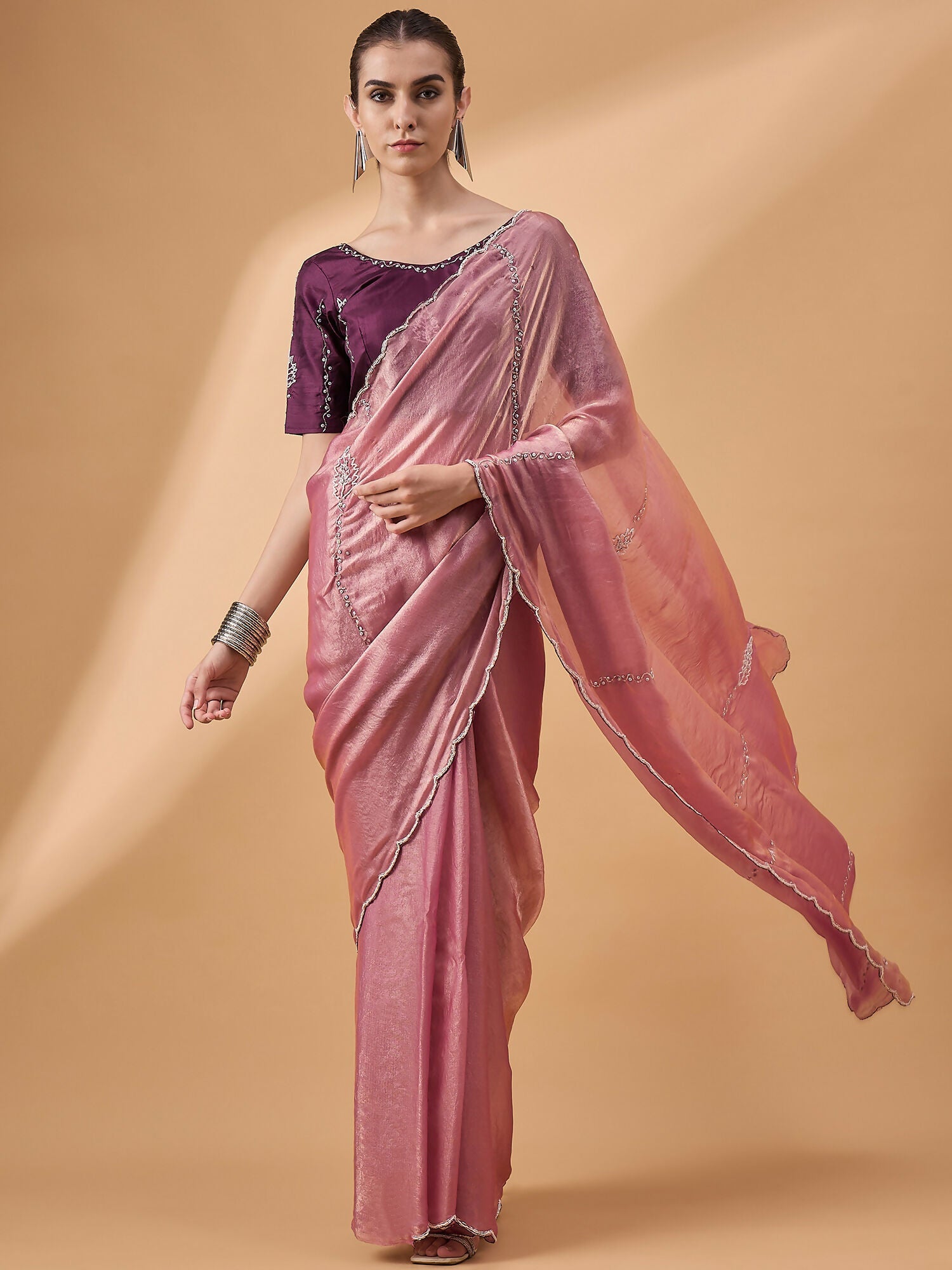 Pink Muslin Embroidered Saree with Unstitched Blouse Piece - Satya