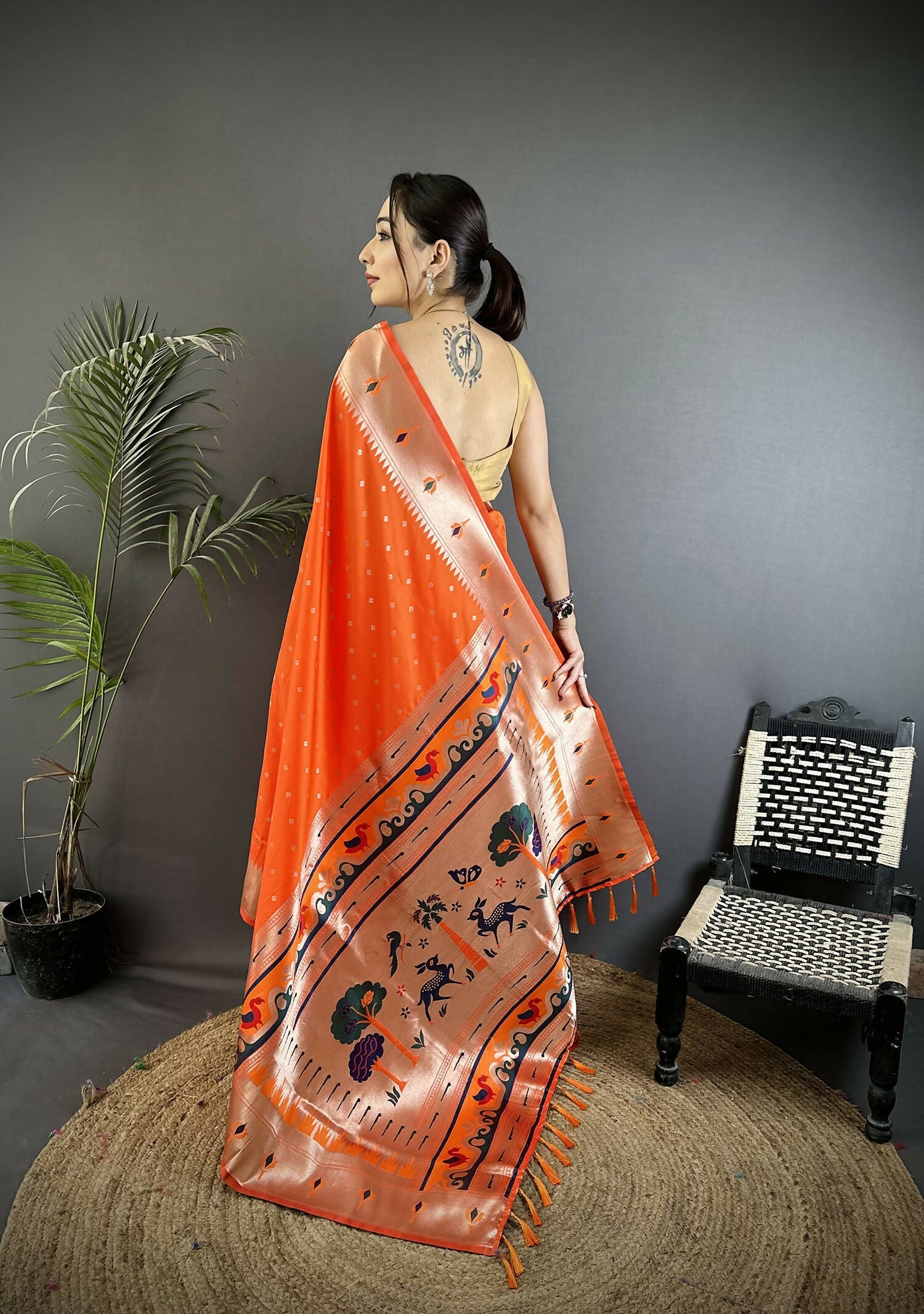 Joban Fashion Orange Peacock & Floral Motifs Soft Lichi Silk Kanchipuram Saree