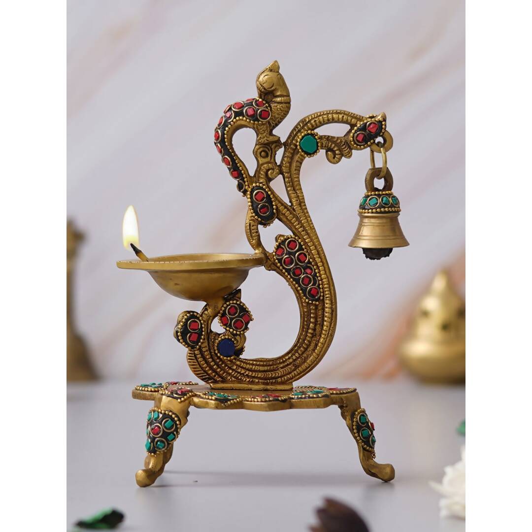 Grab2Buy Gold Toned Peacock Shaped Traditional Brass Diya With Bell & Stand 