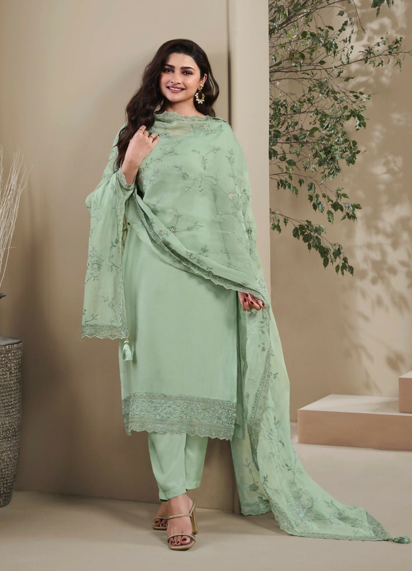 Anaita Green Heavy Natural Crepe Stitched Suit with Embroidery & Zarkhan Work