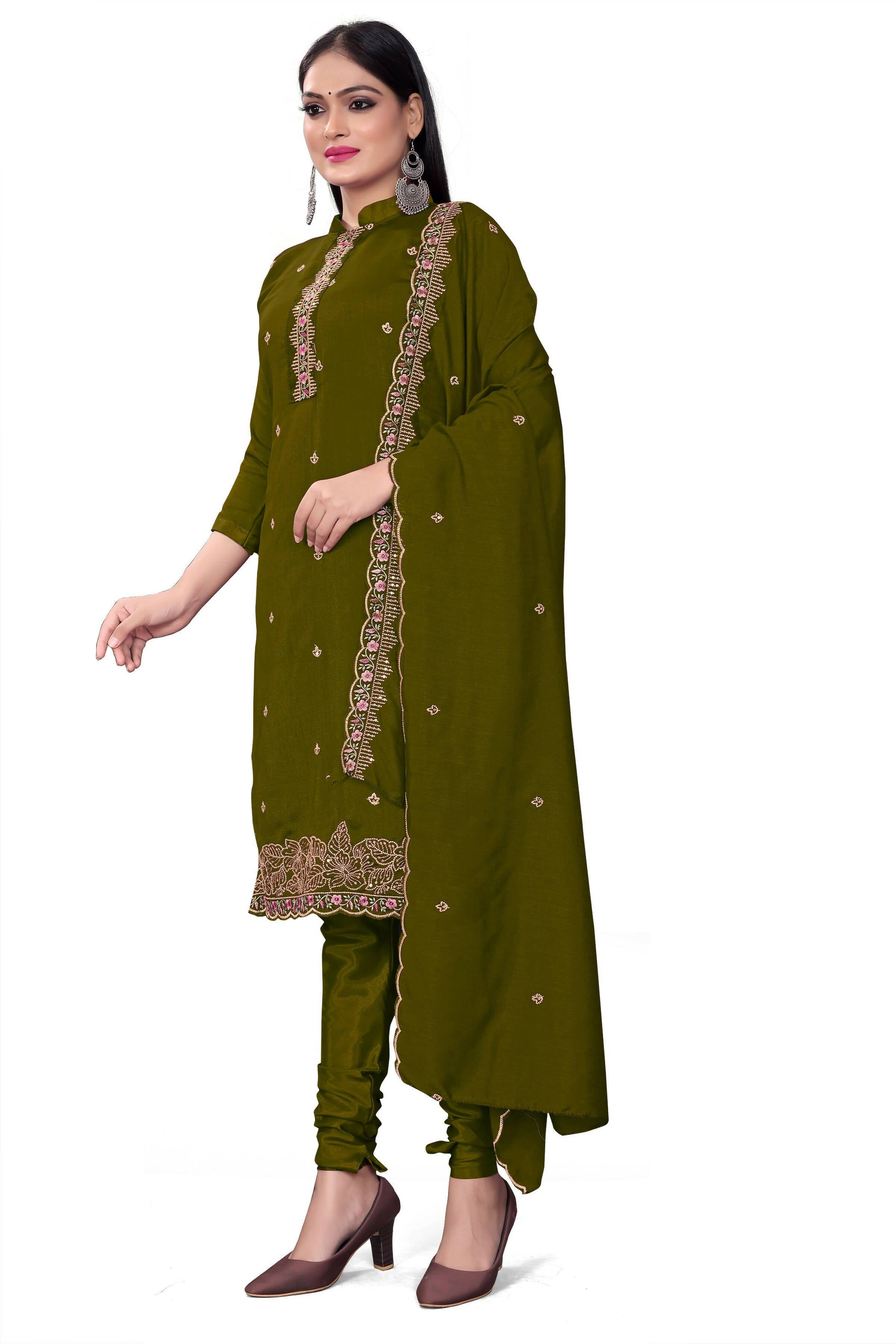 Green Silk Embroidered with Sequins work Unstitched Dress Material - Tanvi