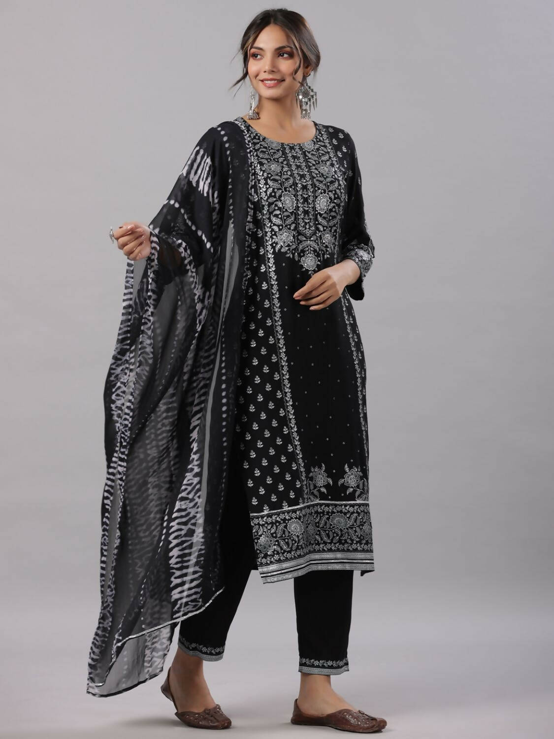 Juniper Women Black Rayon Staple Kalamkari Printed Kurta, Pants and Dupatta Set
