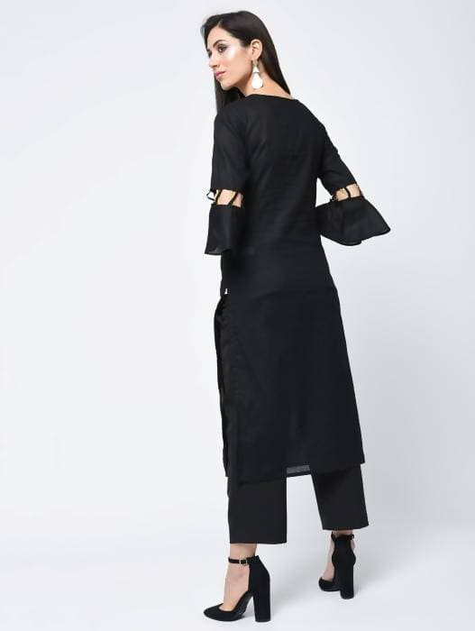 Aniyah Cotton Criss Cross Bell Sleeves Straight Kurta In Black (AN-101C) 