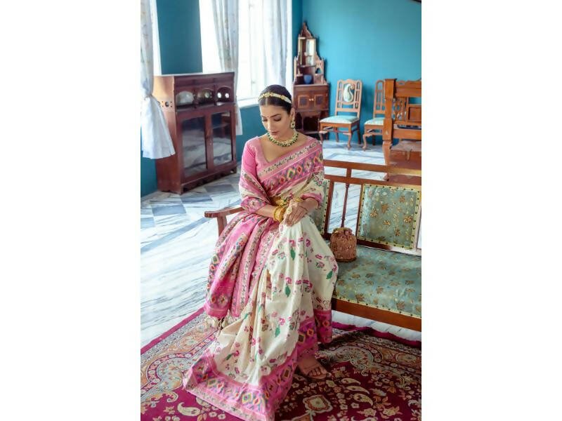 Aastha Fashion Women's Off White Paithani Silk Meenakari Zari Woven Saree with Blouse - Grab2buy