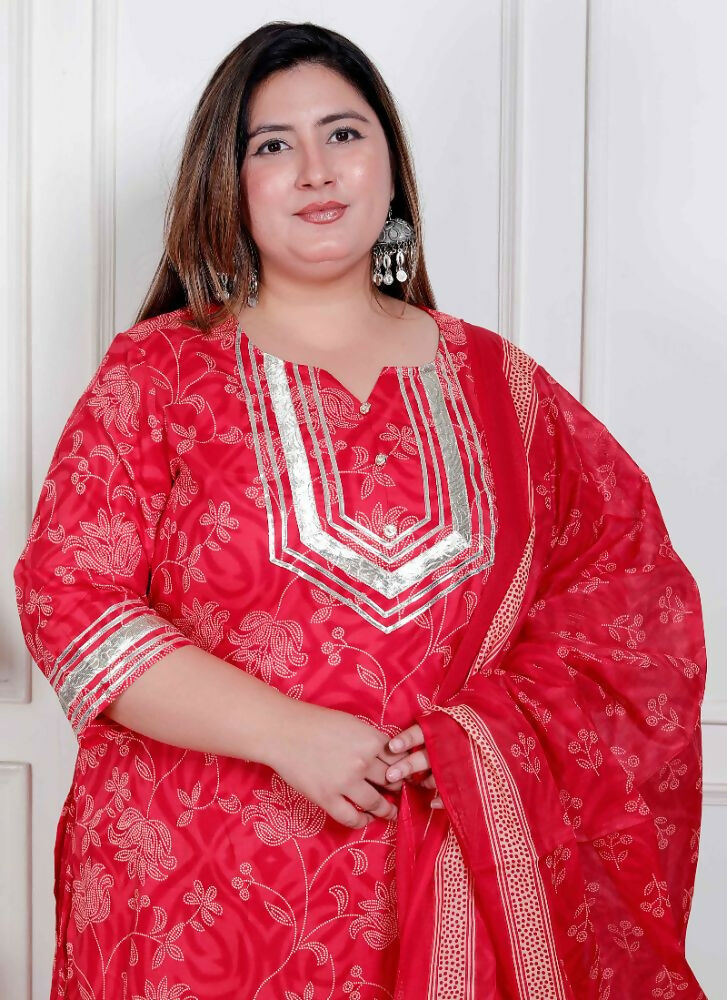 Miravan Plus Size Red Floral Print Embroidered Cotton Straight Kurta With Palazzo & Dupatta