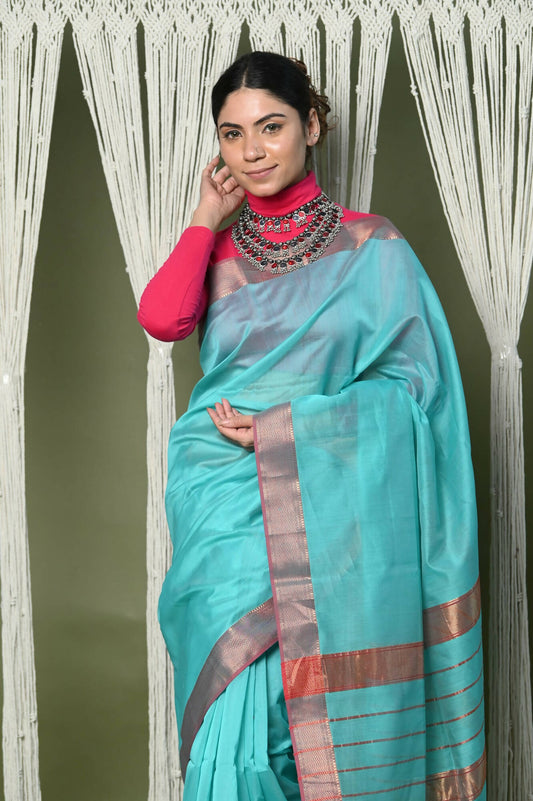 Very Much Indian Handloom Cotton Silk Maheshwari Grab2Buy With Sleek Golden Border - Sky Blue 
