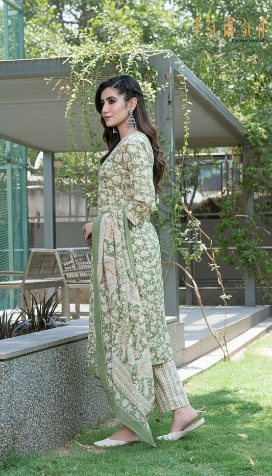 BulBul Fashionista Green Floral Cotton Kurta Set with Dupatta