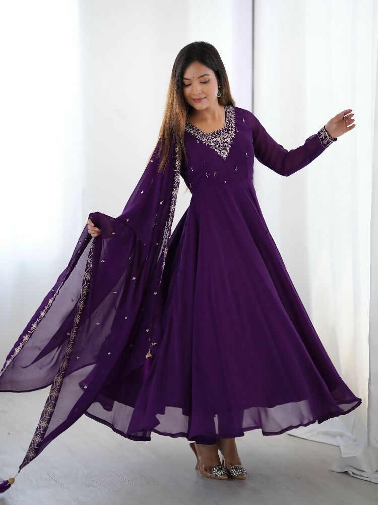 Joban Fashion Purple Kurta Set Georgette Sequence Embroidery Work 
