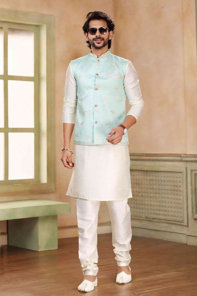 Raivat Ethnic Jacquard Banarasi Silk Woven Work 3 Pics Jacket Set In Pista Green Colour