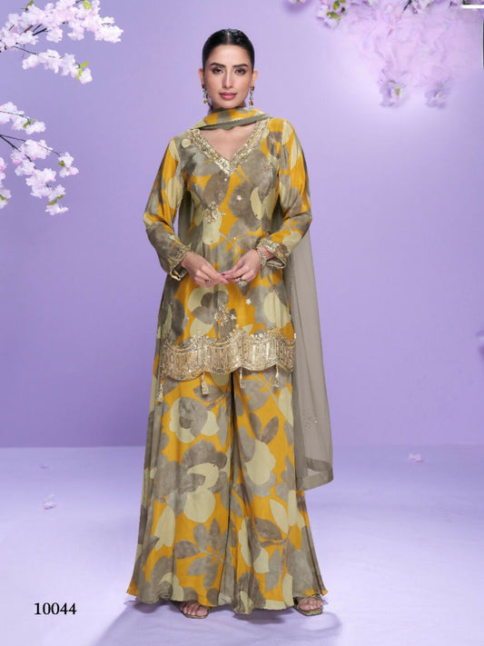 Anaita Yellow Chinon Readymade Palazzo Suit with Digital Embroidery Work