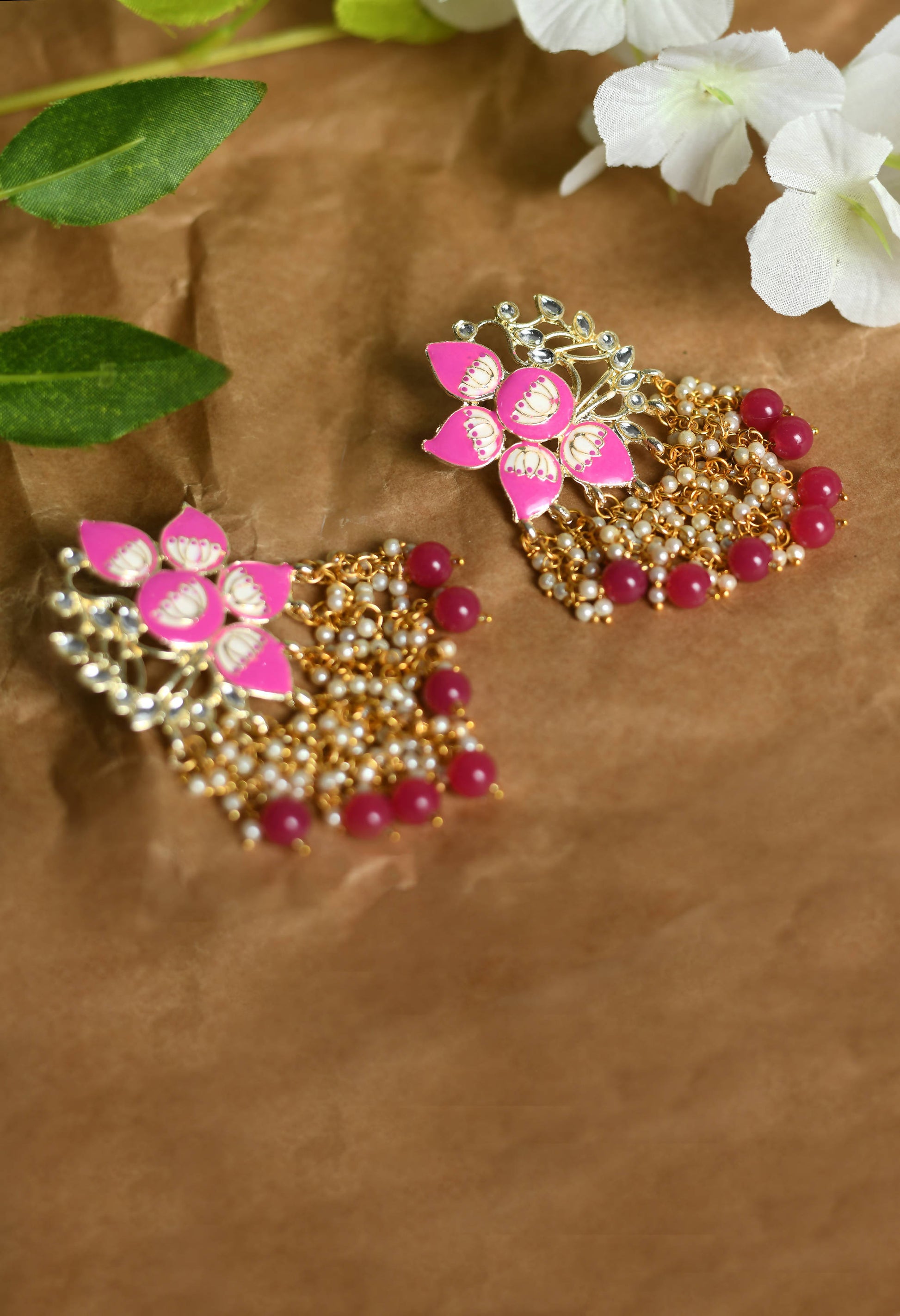 Mominos Fashion Johar Kamal Gold-Plated Kundan Pink Meenakari Earrings - Grab2buy