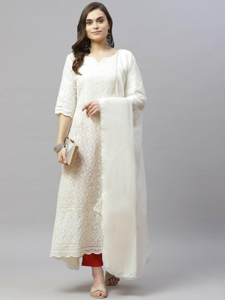 Miravan Women's Beige Embroidered Chikankari Kurta & Dupatta 