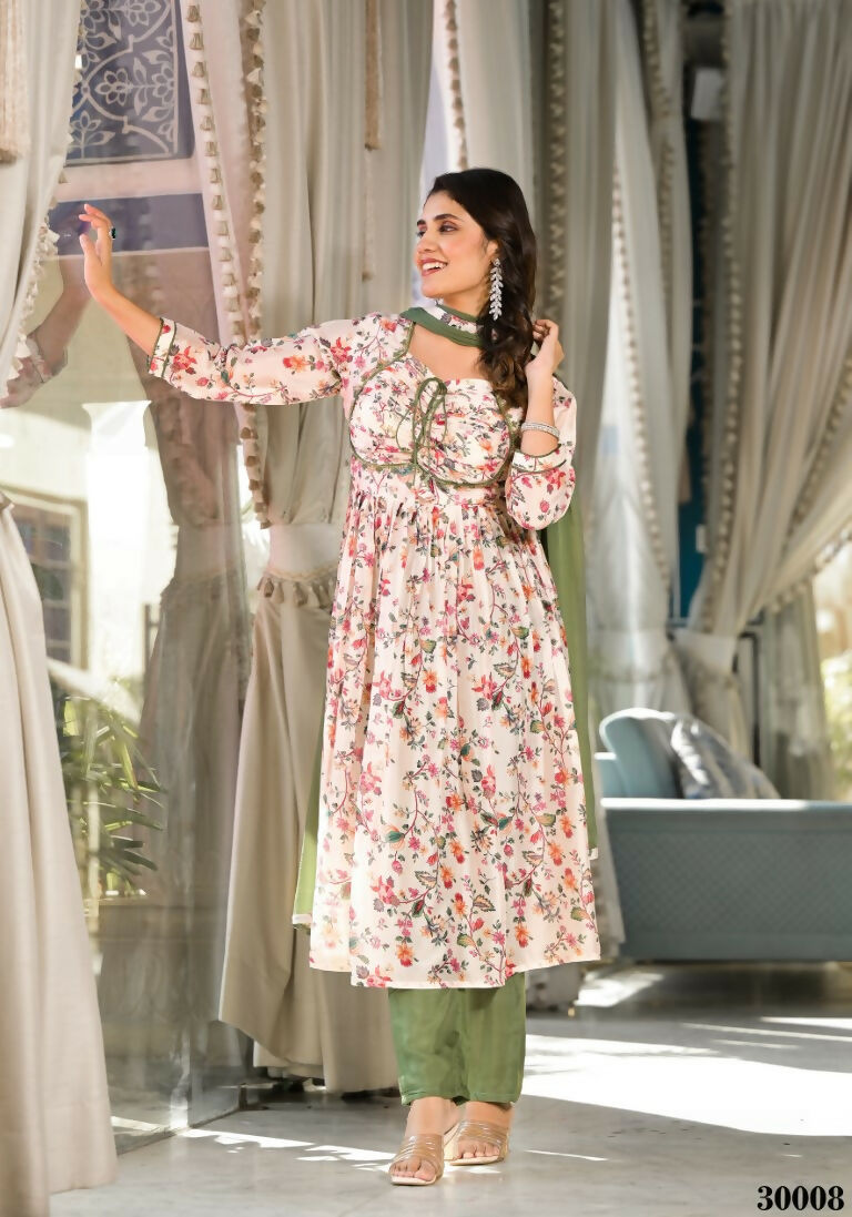 Designer Stylish Cream Slim Georgette Stitched Suit With Dupatta - Kiyara