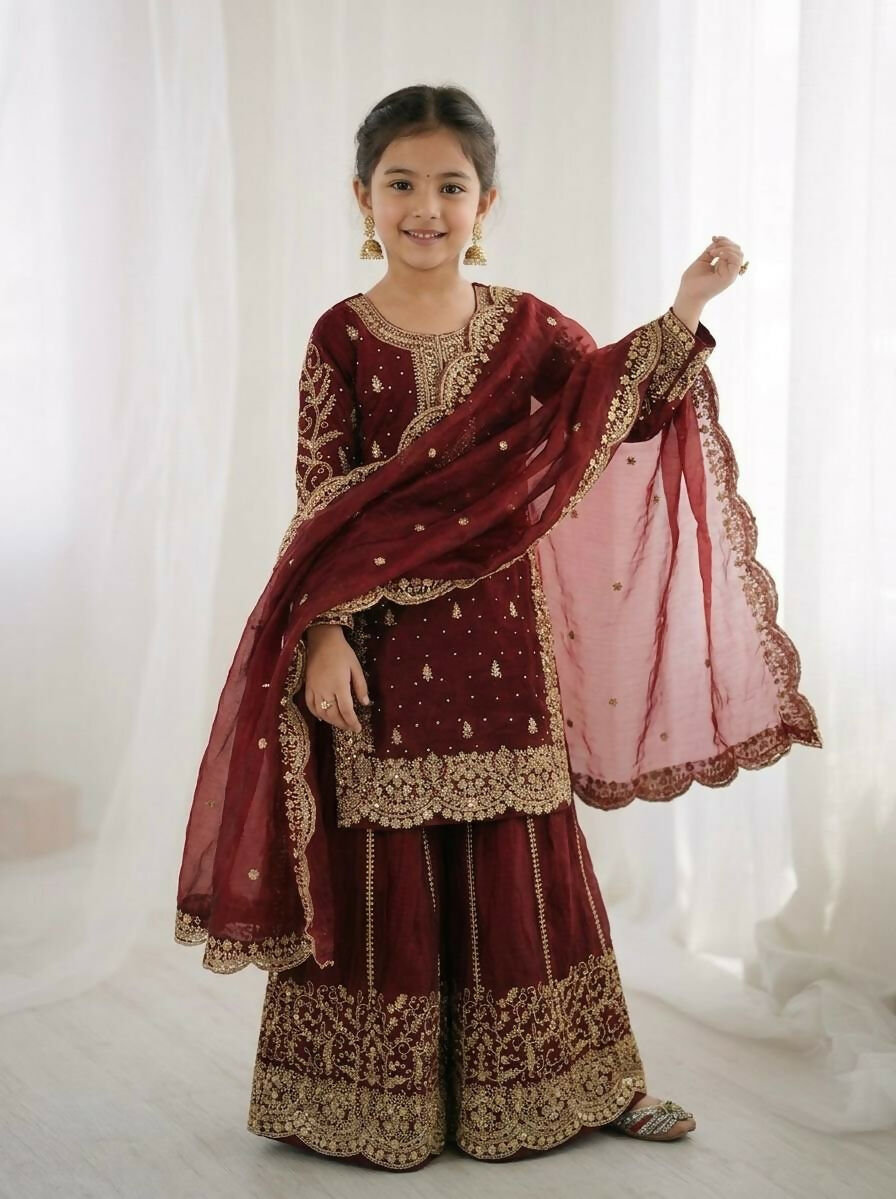 Teeya Creation New Trendy Fully Stitched Ready to Wear Kids Kurta Palazzo Set-Maroon