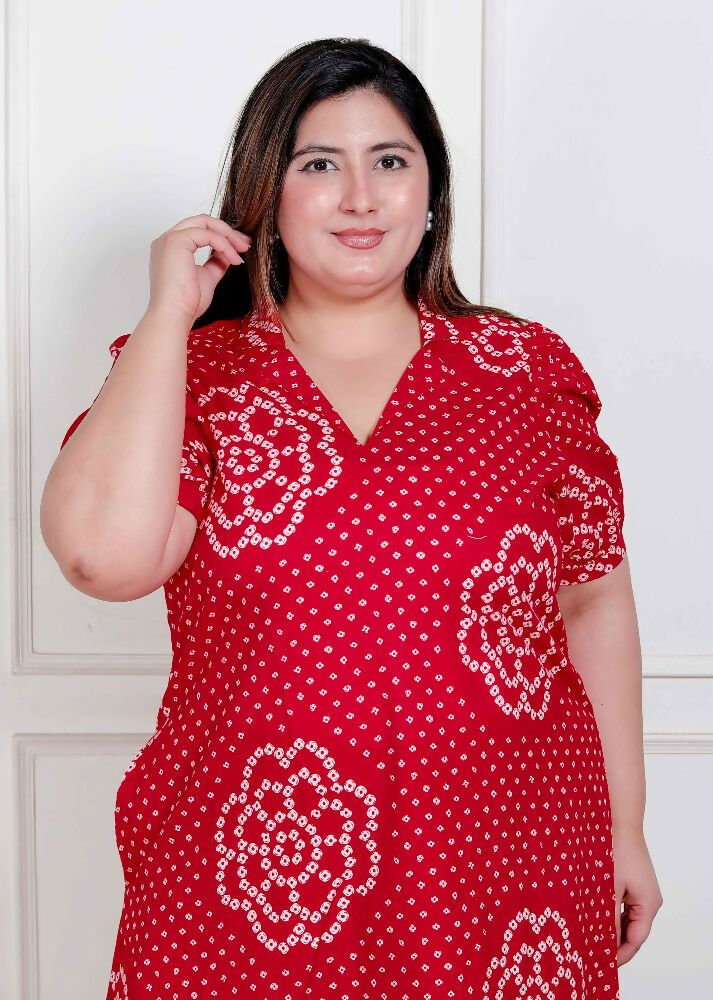 Miravan Plus Size Womens Red Bandhani Printed Collar Neck Maxi Dress