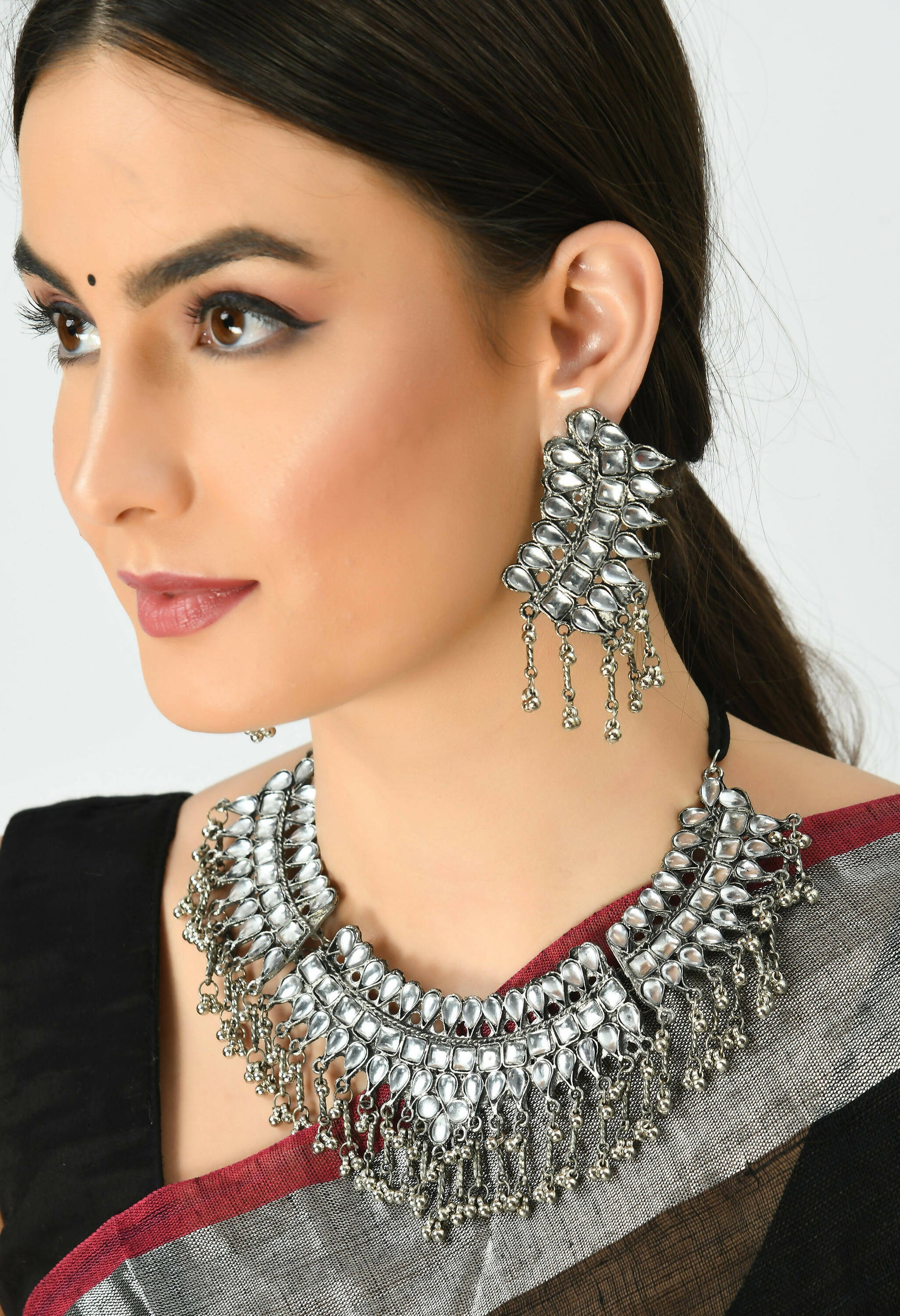 Mominos Fashion Johar Kamal Oxidised Silver-Plated Brass Finish Kundan Necklace For Women (Silver) - Grab2buy
