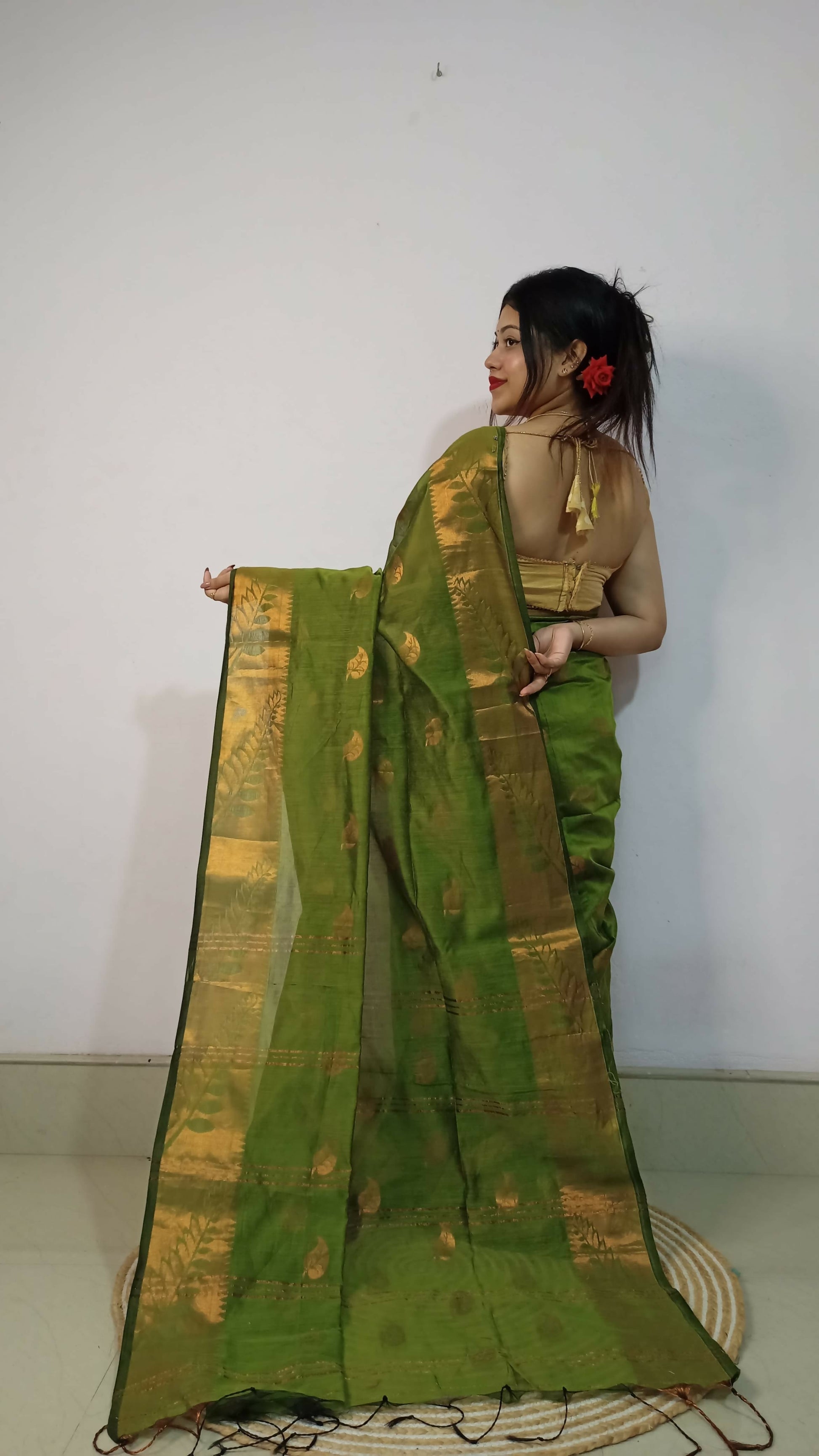 Exclusive Collection Beautiful Olive Green Cotton Silk Woven Handloom Grab2Buy With Running Blouse Piece 