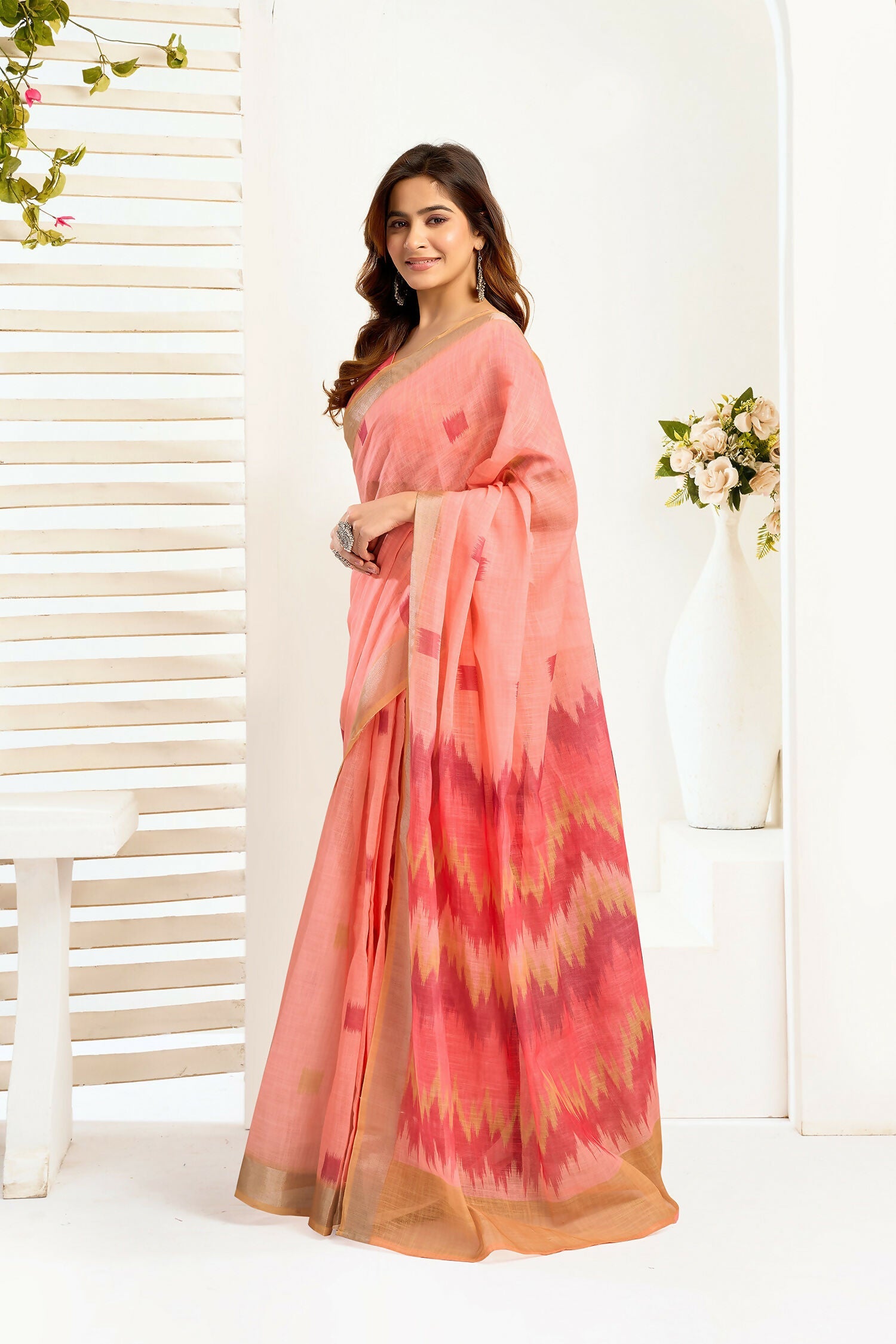 Joban Fashion Peach Ikkat Linen Ready To Wear Saree With Unstitched Blouse