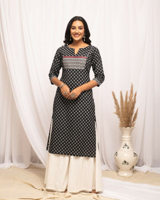 FIORRA Women's Floral Printed Black Cotton Straight Kurta 