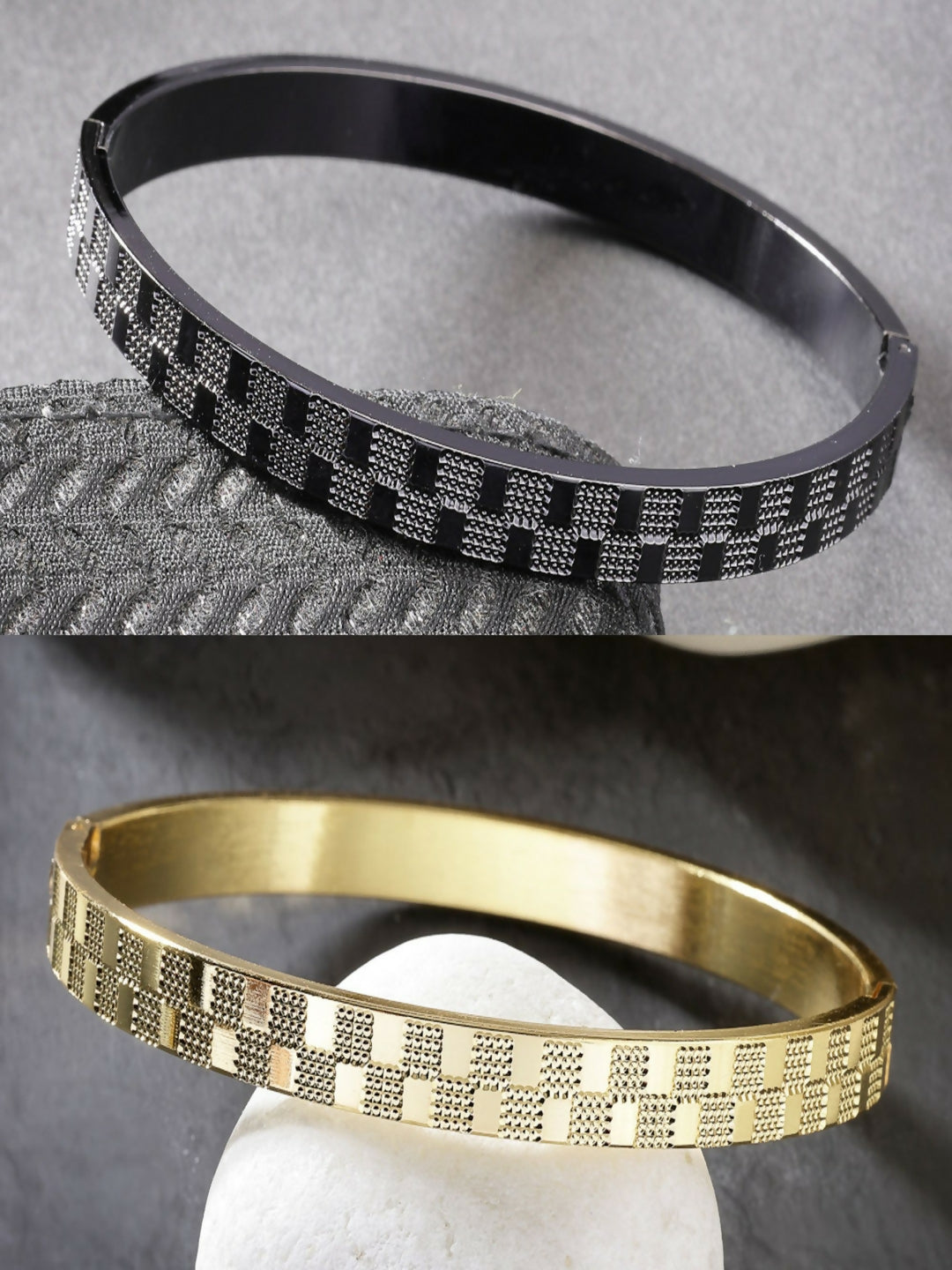 NVR Men's Set of 2 Gold & Black Rhodium-Plated Stainless Steel Kada Bracelet