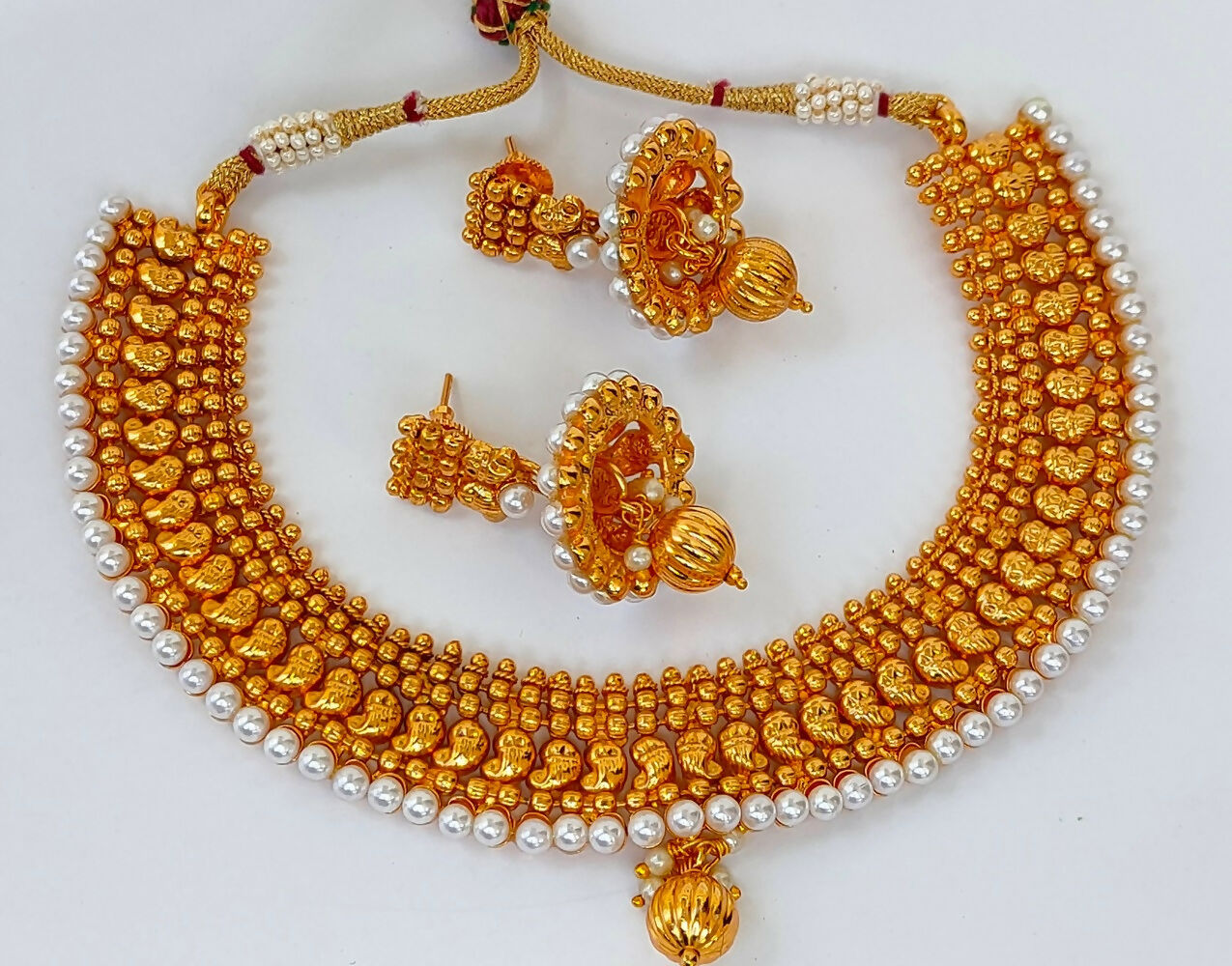 Metallic Mango Necklace Set With White Beads - Grab2buy