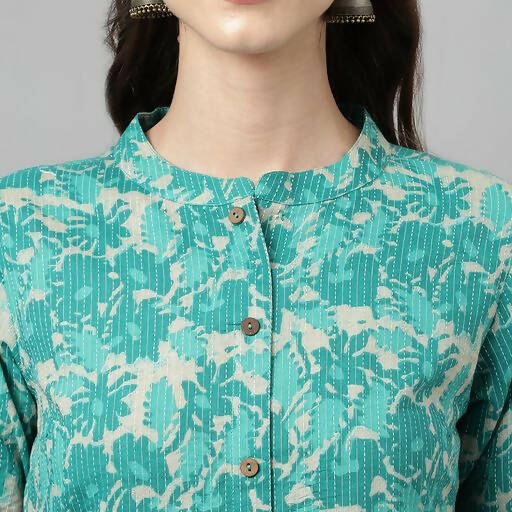 FIORRA Women's Floral Printed Teal Green Pure Cotton Straight Kurta 