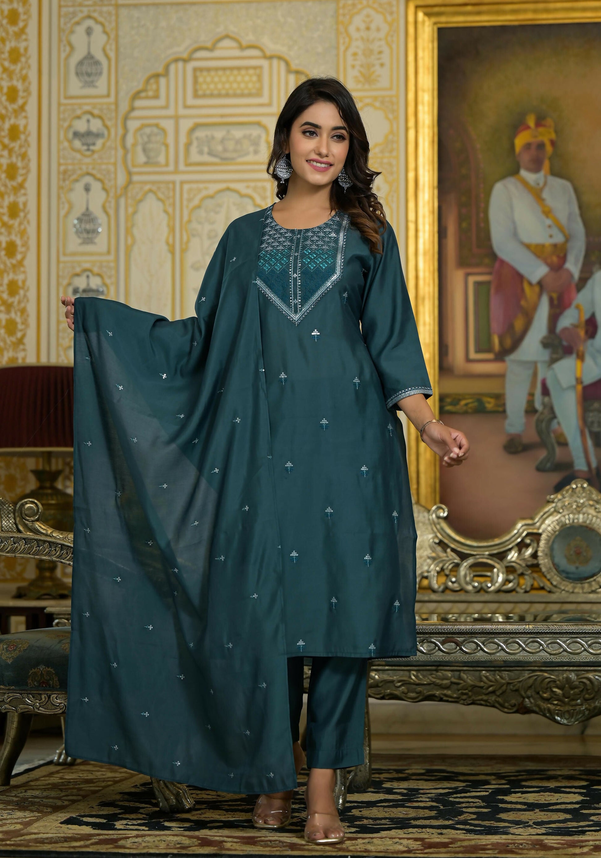 Juniper Women's Rama Green Thread Embroidered Viscose Kurta Pant And Dupatta Set With Sequins Work