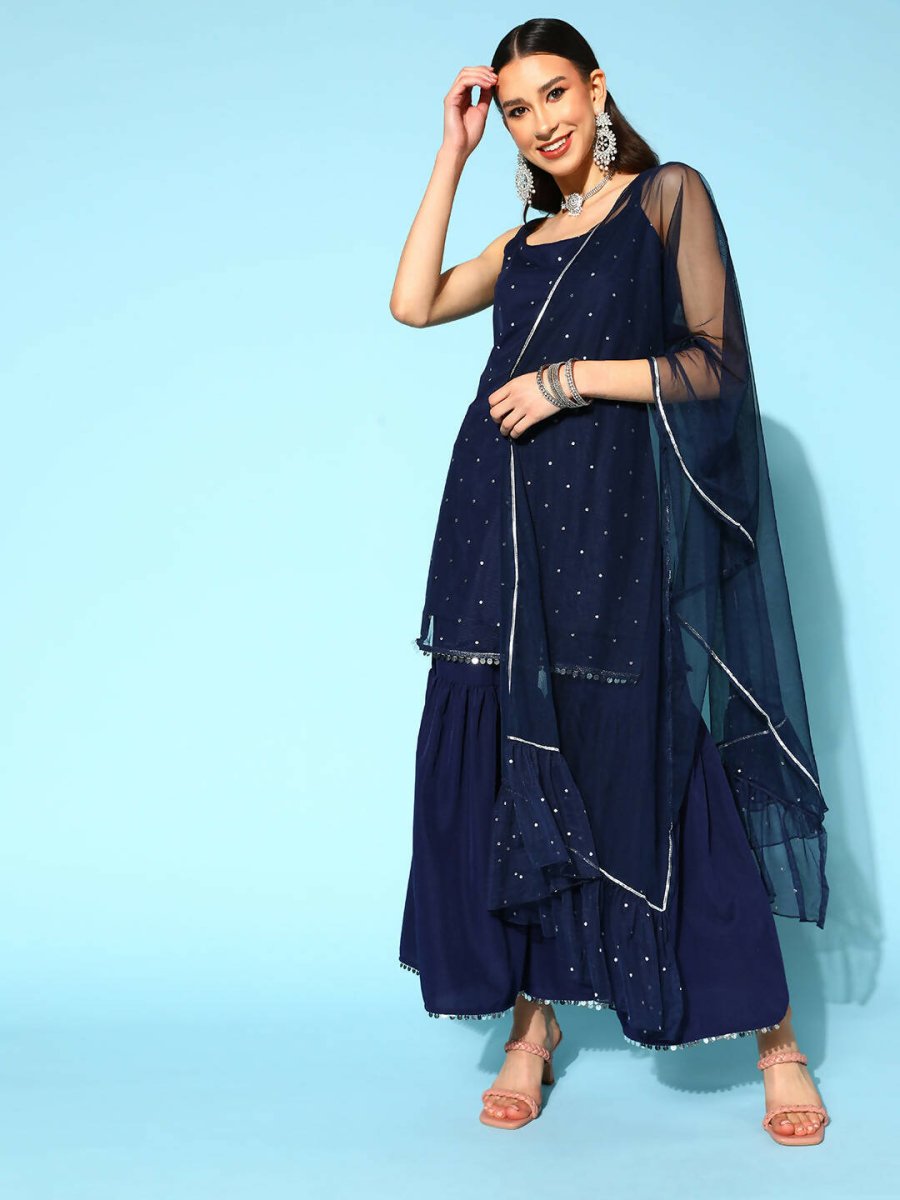 Ahalyaa Women Navy Blue Colour Crepe Foil Printed Kurta Sharara Set With Dupatta 