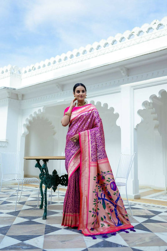 Aastha Fashion Purple Woven Kanjivaram Silk Saree with Blouse - Grab2buy