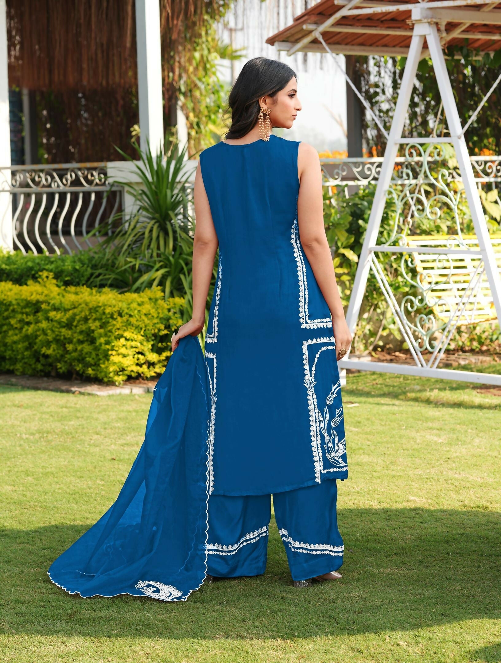 Nikhaar Royal Blue Embroidered Modal Silk Stitched Straight Cut Kurta Culottes Dupatta Readymade Suit