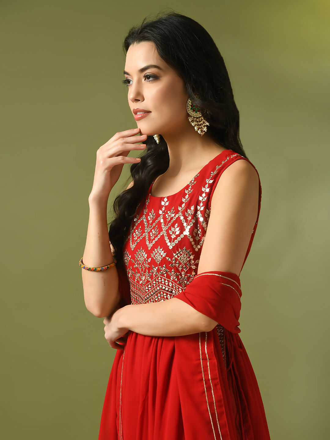 Myshka Women's Red Embroidered Georgette Anarkali Party Kurta Set With Dupatta
