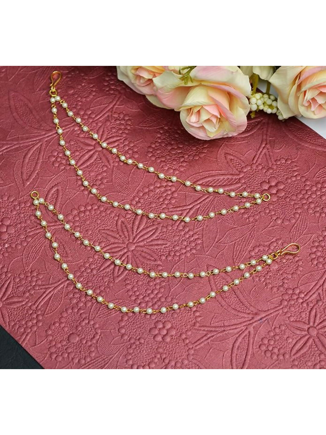 NVR Pearl Studded Classic Gold-Polished 2 Line Ear Chain Ear Cuff 